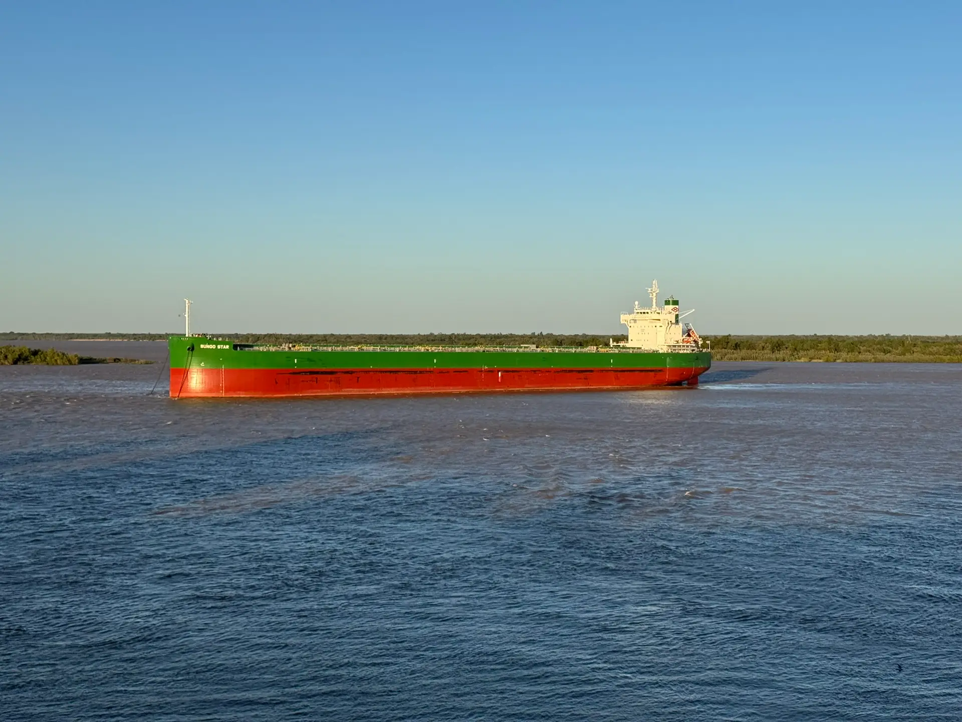 Buque granelero de casco verde y rojo navegando el río Paraná a la tarde, con la costa de islas al fondo