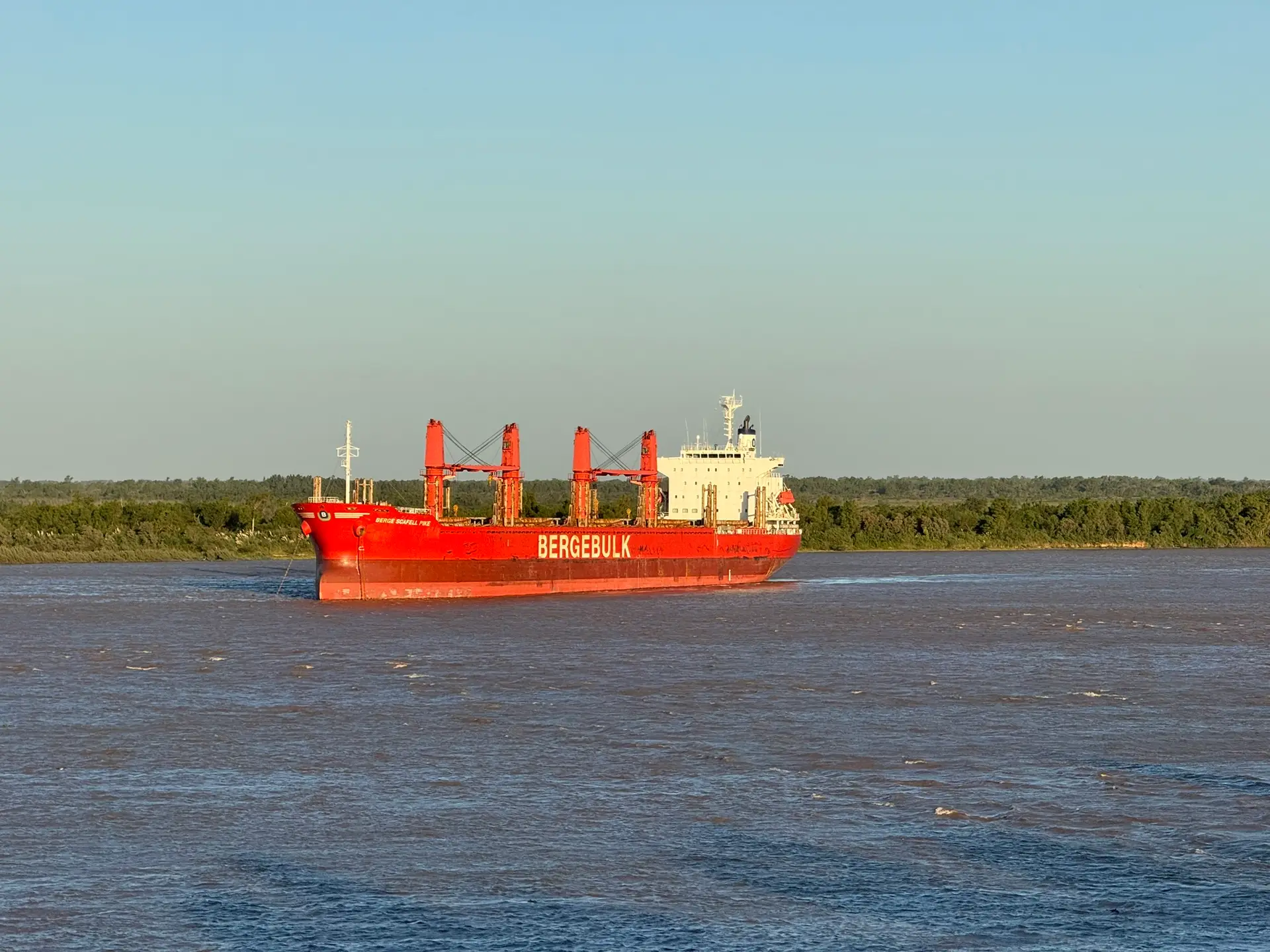 Buque granelero rojo con grúas de cubierta navegando el río Paraná frente a la costa de islas